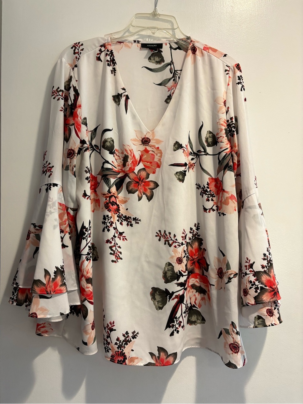 Alfani White Floral V-Neck Bell Sleeve Blouse with Coral Blooms